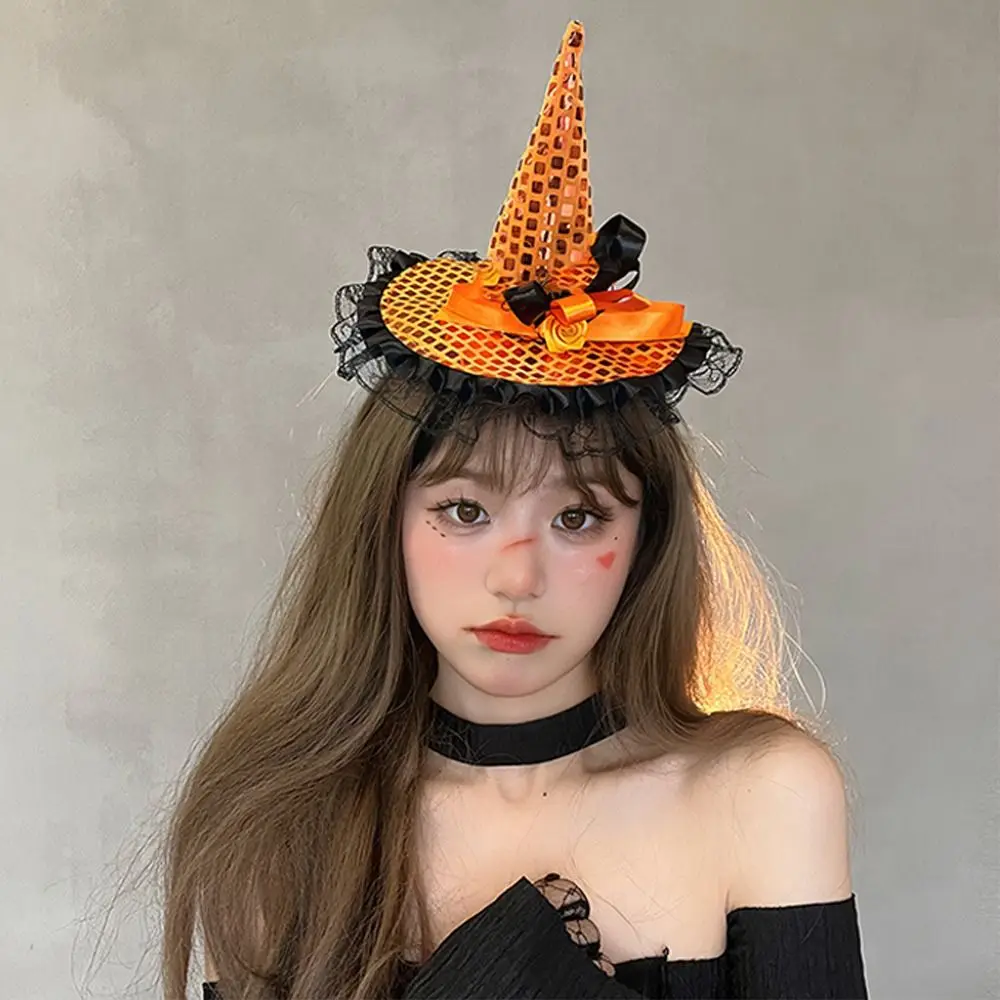 Cute Lace Halloween Witch Hat Hair Hoop Headband Cartoon Halloween Party Hair Band Party Decor Hat Sequin Dressing Up Props