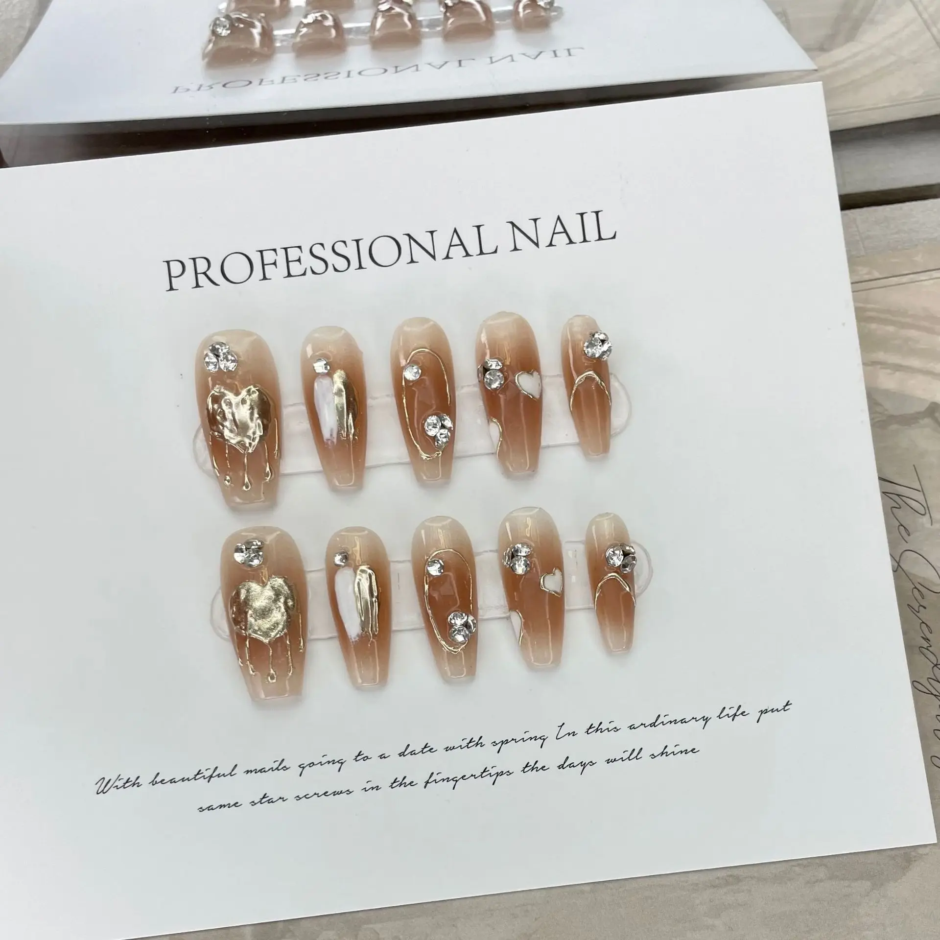 

10 PCS Luxury Handmade Press on Nails Short Trapezoid Cream Love Design False Nails with 4-PIECE Tool Adhesive Nail Glue Tabs