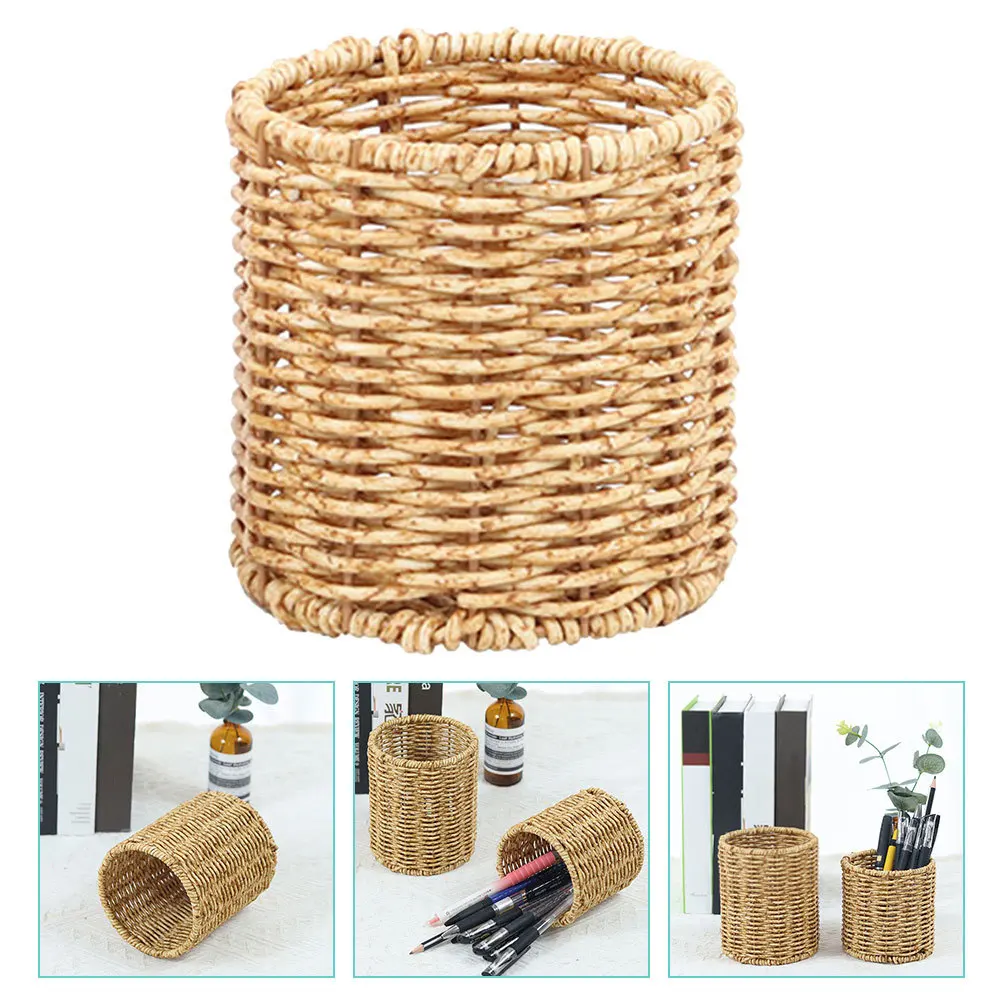 Imitation Rattan Woven Pen Holder Large Capacity Round Pencil Container Desktop Organizer Multifunctional Storage Bin