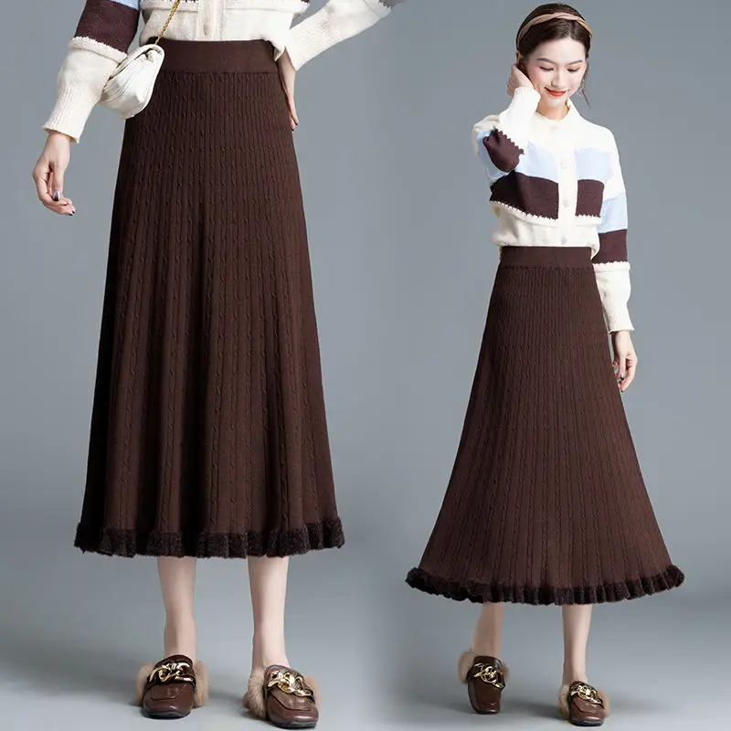 

Print Knitted Long Skirts Women Autumn Winter Fashion Korean A-line Casual Daily Vintage All-match Female Skirt T818