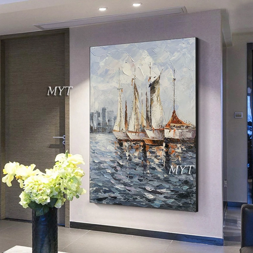 Large Sailboat Canvas Oil Paintings, Modern Abstract Handmade Artwork, Wall Picture For Bedroom, Import Home Decor, No Frame