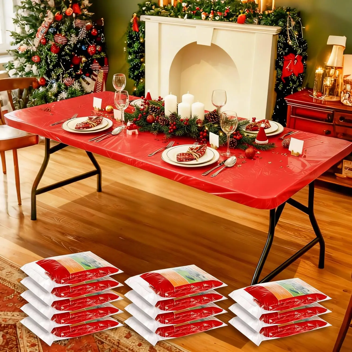 

12 шт. одноразовые пластиковые скатерти, 96 x 30 дюймов, красные, водонепроницаемые, эластичные, для пикника в помещении, кемпинга