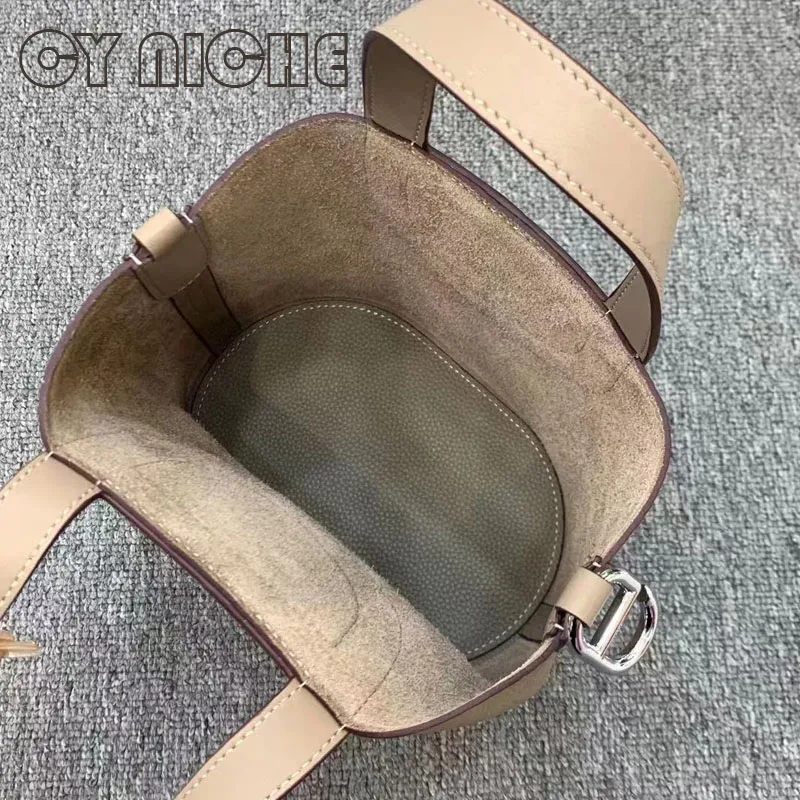 CY NICHE Women\'s Genuine Leather Basket Bag Classic Versatile Bucket Bag Simple Fashion Handbag Lightweight Soft Shoulder Bag