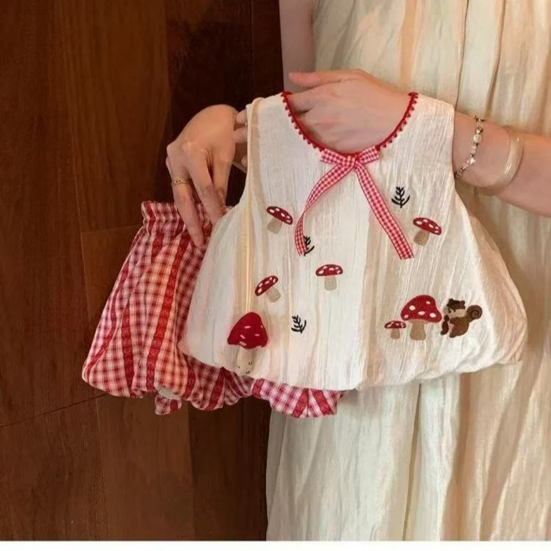

New Super Cute Girls' Cute Mushroom Embroidery Sleeveless Top Girls' Summer Bowknot Princess Two-piece Fashion