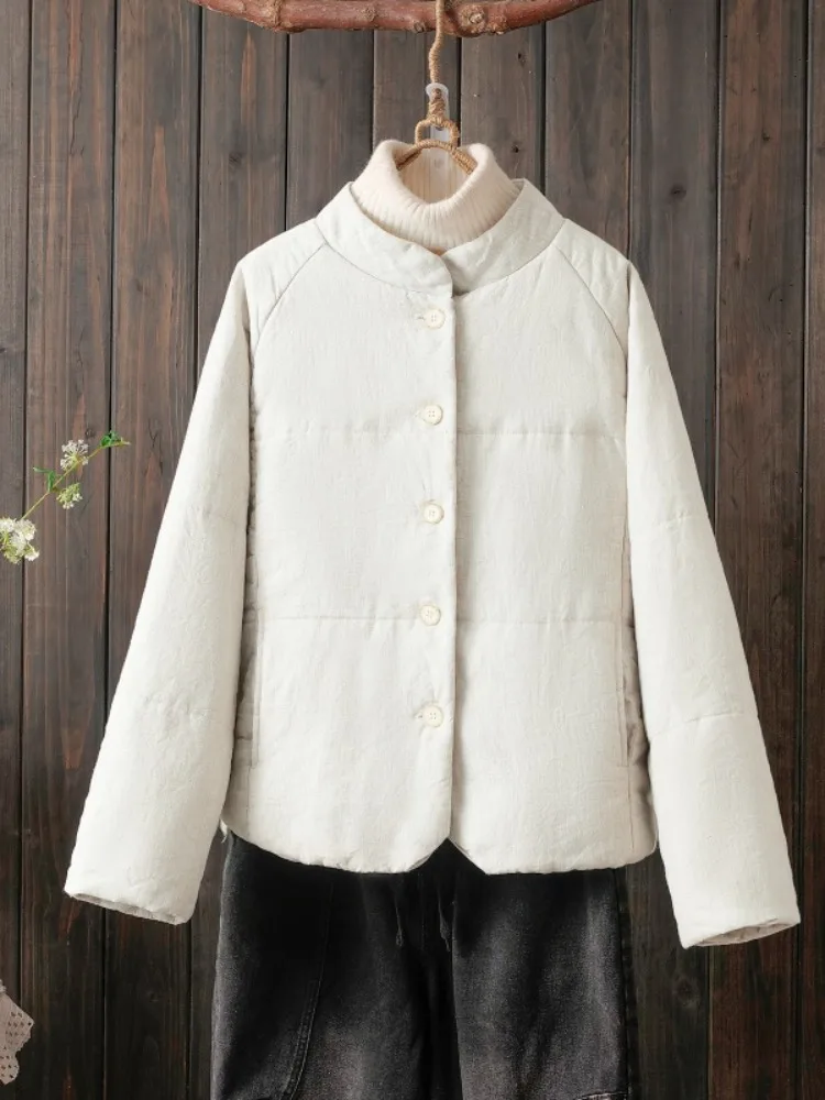 

Casual Cotton Jaet Women's Lightweight Cotton Coat Stand Collar Linen Color Artistic Sle Thiened Winter Outerwear