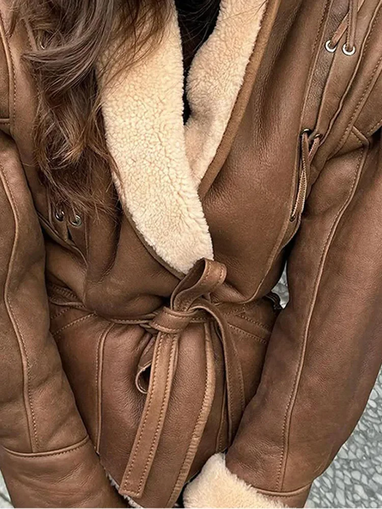 Thicken Leather Jackets Women Vintage Slim V Neck Lace Up Furry Coats Female Autumn Winter Long Sleeves Warm Outwears Lady