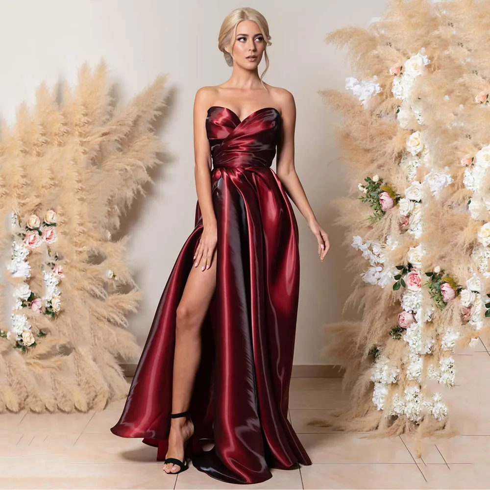 

Msikoods Customized Burgundy Satin Evening Dresses 2026 Strapless Sexy High Slit Formal Dress Elegant Party Dress Prom Gown