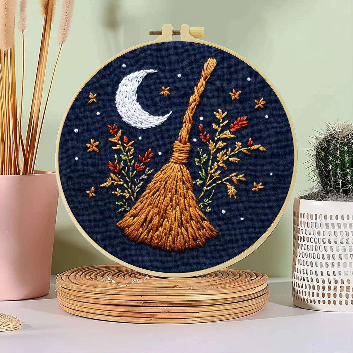 1 Stück 20x20 cm/7,87 Zoll Besen-Stickerei-Starter-Kit DIY-Set Nadelkunst-Set für Anfänger Heimdekoration – Detail 5