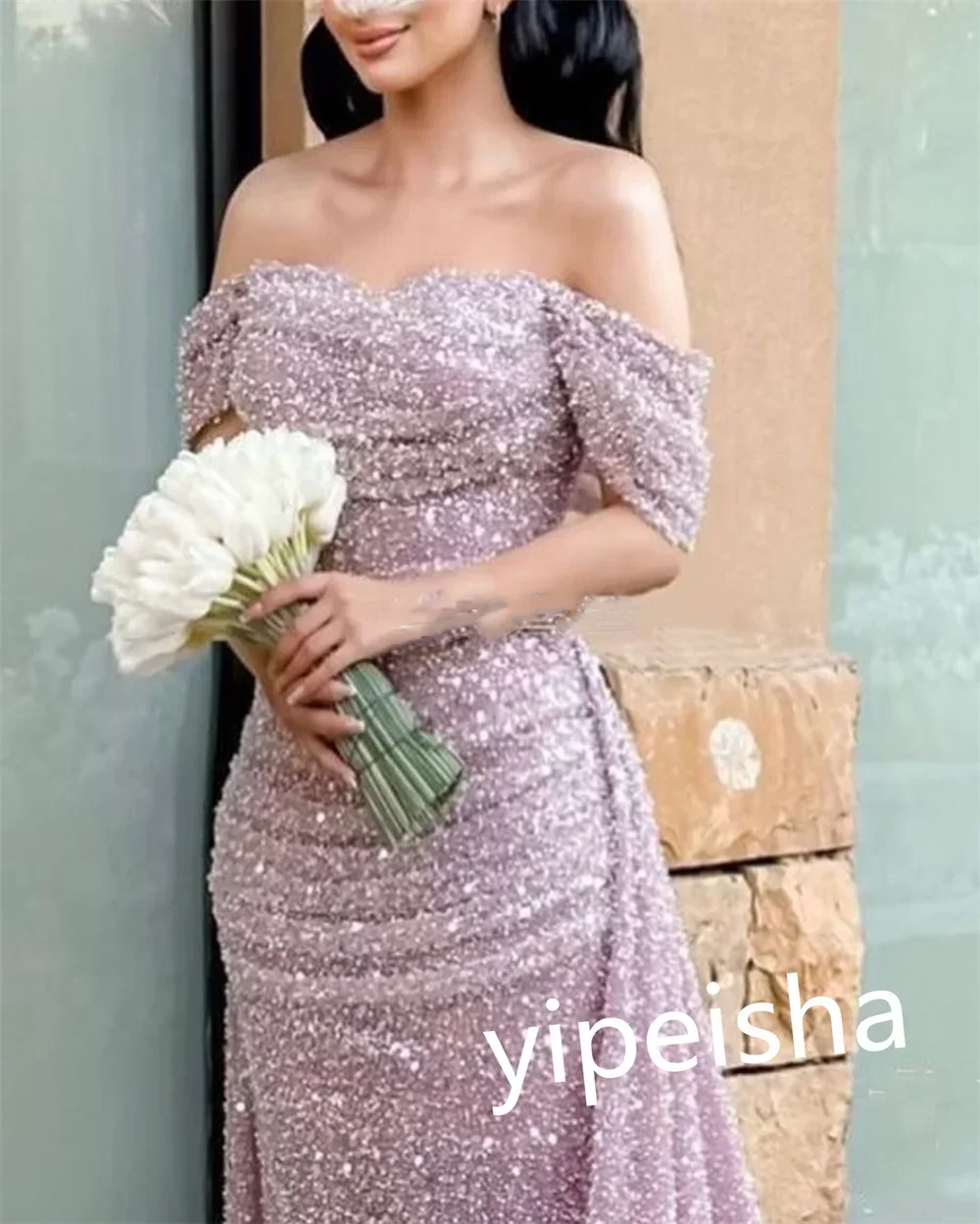 Customized A Gorgeous And Elegant Off Shoulder Ball Dress, Full Of Sequins, Sparkling And Colorful, With A Unique Charm，howcasin