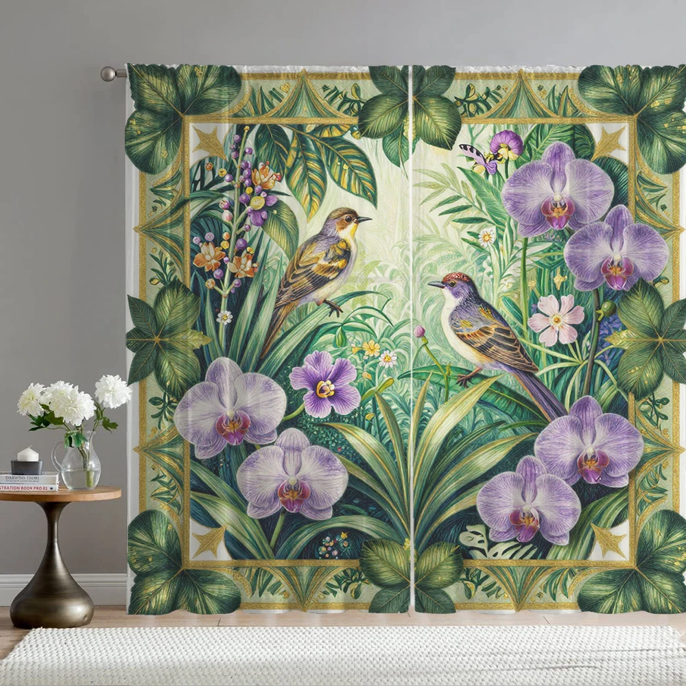 2PCS home decoration window screen, butterfly orchid and bird print with pole pocket curtains, kitchen, coffee shop, living room