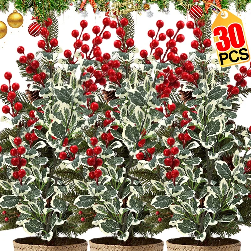 

30/1 шт. новые рождественские ветки красных ягод, искусственные цветы, листья падуба, сделай сам, венок для рождественской елки, украшения, новогодний декор, подарки