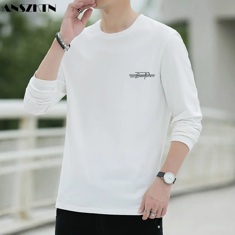 ANSZKTN Autumn 100% cotton 230g high-quality long-sleeved T-shirt men's leggings