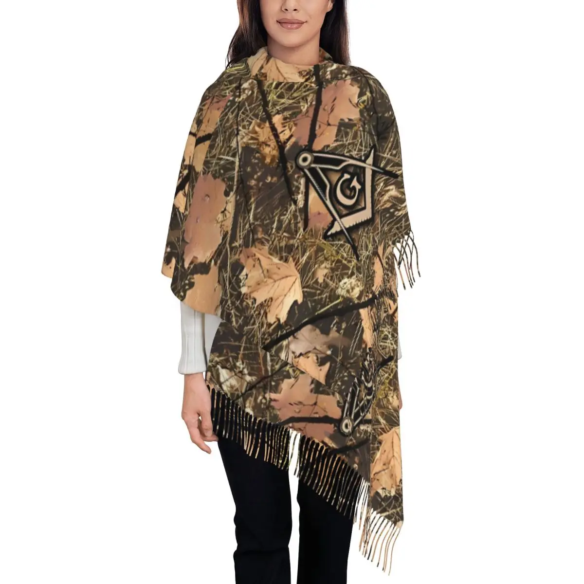 Hunting Camouflage Square Compass Mason Scarf for Women Fall Winter Cashmere Shawls and Wrap Long Scarves with Tassel