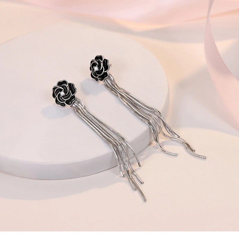 925 Sterling Silver Earrings Black Rose Fringed Long Earrings Engagement Jewelry Gift For Women