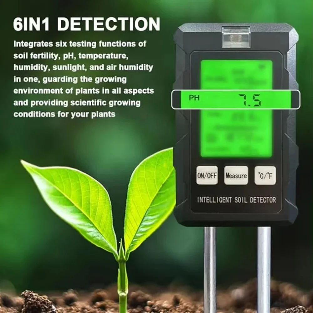 6 in 1 Soil Detector Soil Tester PH Tester Soil Moisture/PH/Temperature Sunlight Intensity Testers Garden Planting Detector Tool