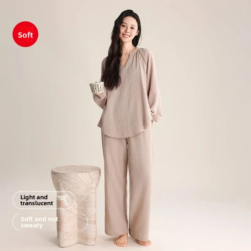 春夏の女性の二重層綿ナイトガウン薄い V ネックシンプルでエレガントなルーズホーム服セット快適なパジャマ 1
