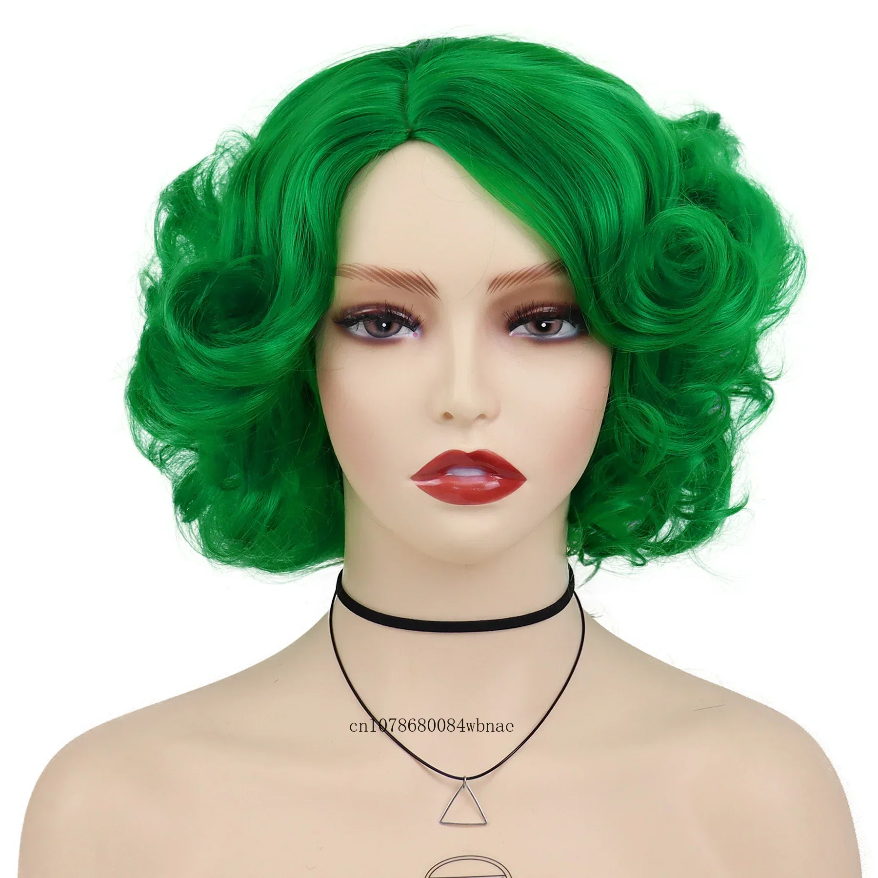 Green Curly Synthetic Hair Short Big Wavy Wigs for Women Heat Resistant Fiber Layered Wig Halloween Cosplay Daily Costume Use