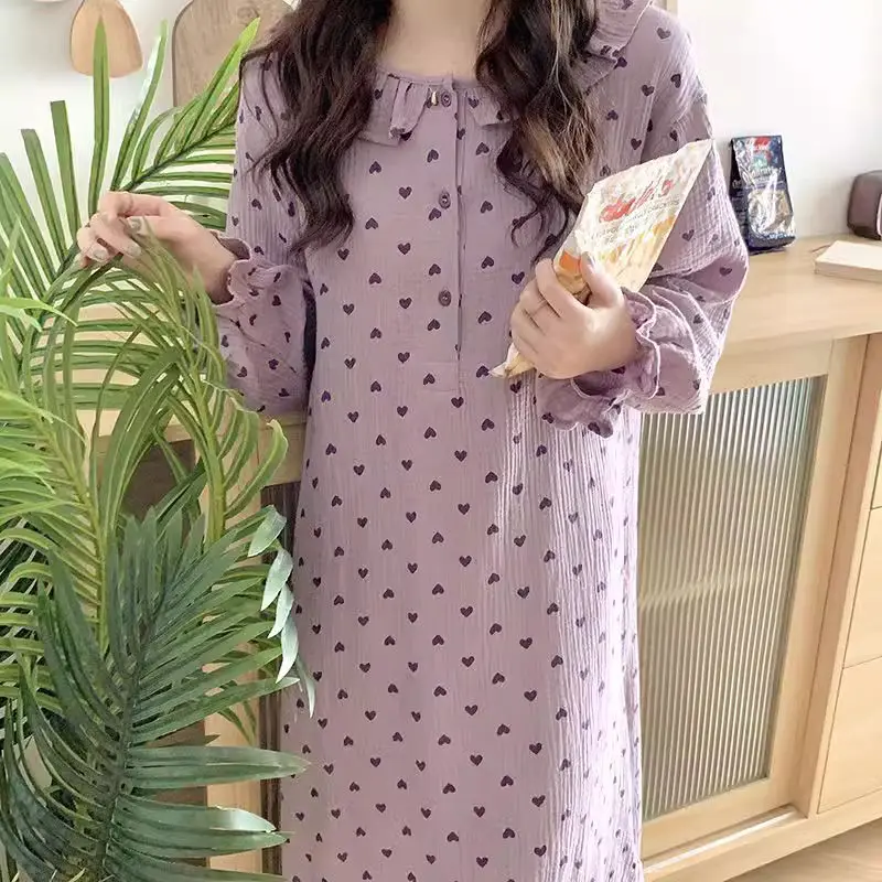 Heart Print Women Nightgown Korean Sleepwear Ruffles Nightwear Autumn Night Dress Long Sleeve One Piece Pajamas Home Wear New In