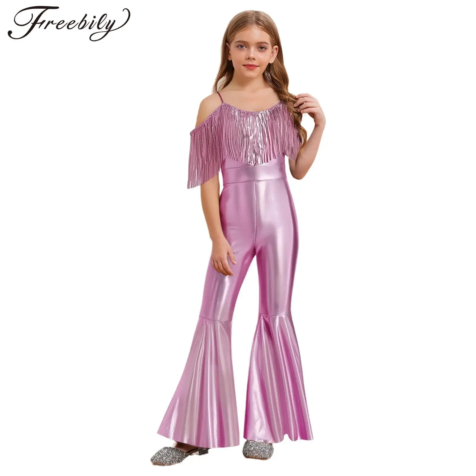 

Girl's Mainstream Festival Costumes Fashion Romper Sequins Tassels Sparkly Jumpsuits 6-16 Girls Shinny Flared Jumpsuit