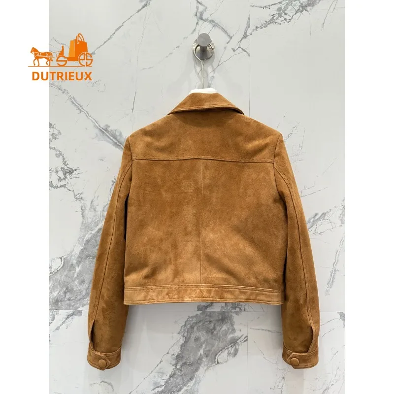 Winter Leather Jacket Lapel Double Pockets Waist Cuffs with Buttons, 100% Genuine Sheepskin Fashion Versatile Women's Coat