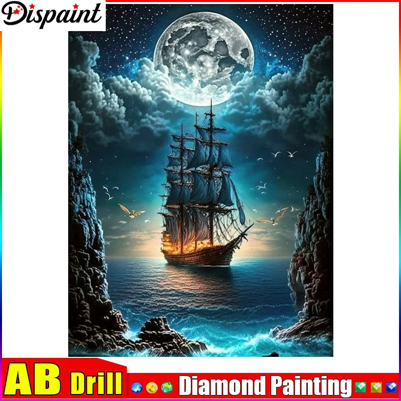 

Dispaint AB полная алмазная живопись "лодка луна море" смола дрель вышивка 5D Diy алмазная живопись ручная работа вышивка крестиком подарок