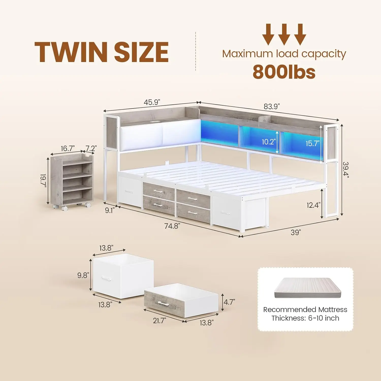 Twin Corner Bed Frame with Bookcase and Hidden Storage & Pull-Out Cabinet-14 Inch Metal Platform Twin Size Daybed, Customized