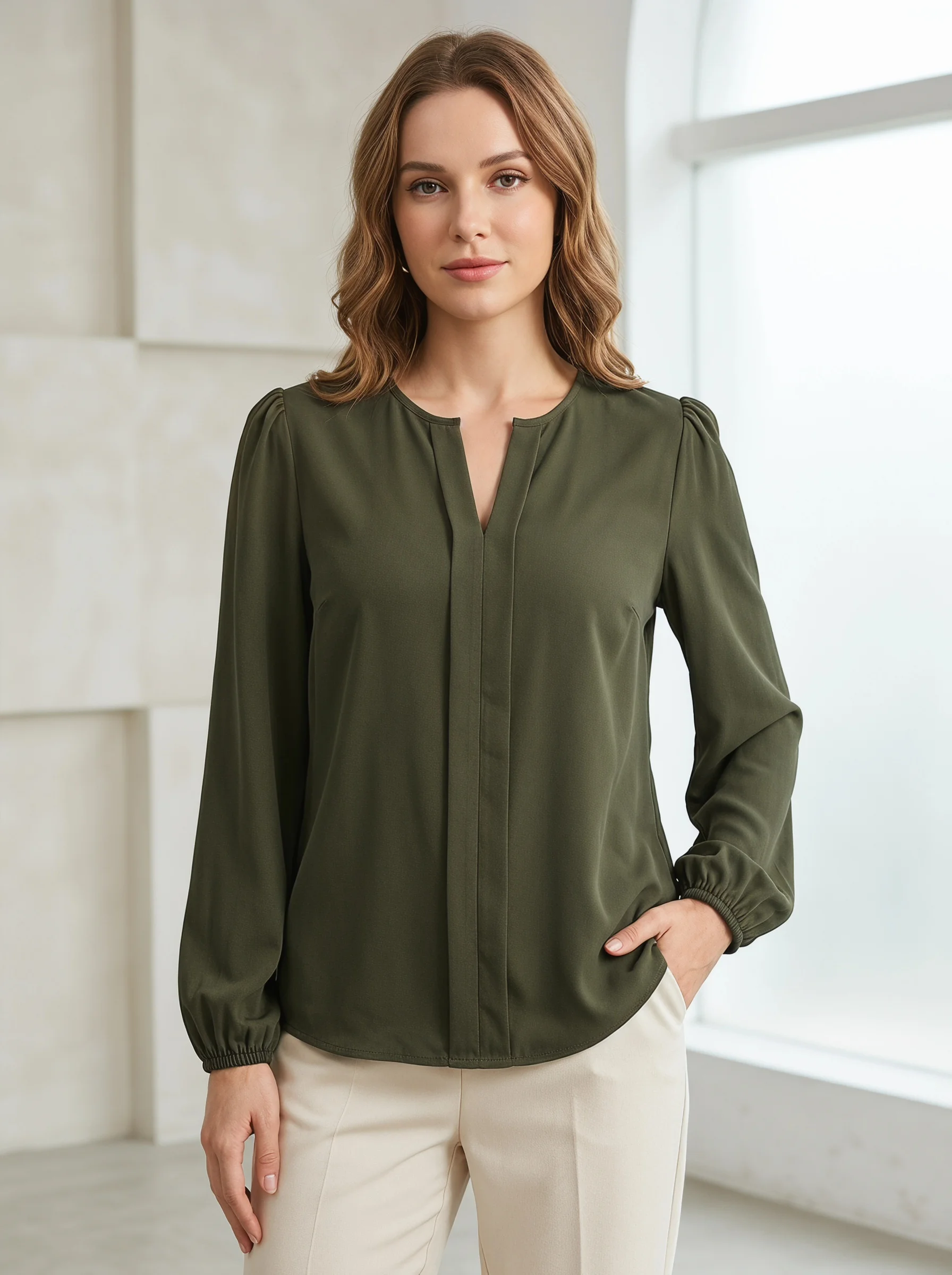 Gadinus Women Solid Color Round Neck Long Sleeve Blouse Loose Fit Casual Office Shirt Elegant Lantern Sleeve Top