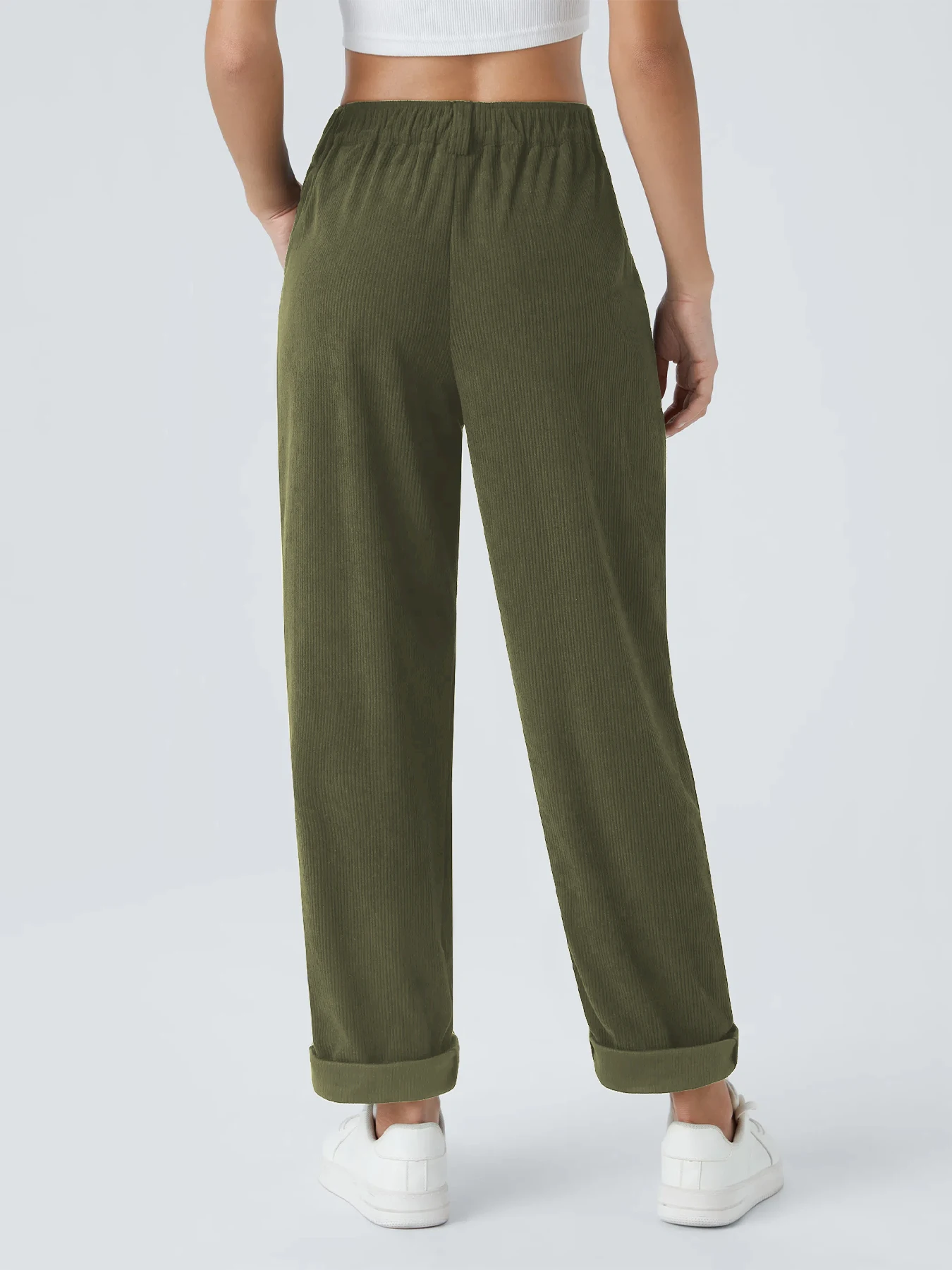 Neue Herbst- und Winter-Freizeitanzüge für Damen in Unifarben aus Cord mit weitem Bein und geraden, samtartigen Hosen, die schlank aussehen – Detail 3