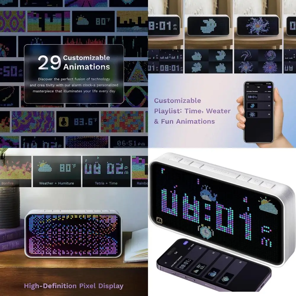 

Световой будильник PixelRise LED Dot Matrix, изысканный дизайн, двойной будильник, звуки для сна, синхронизация по Wi-Fi, управление через приложение и погоду