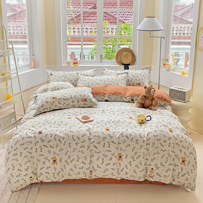 

1 шт. пододеяльник-светлый тон с мультяшным медведем и растительным узором, мягкий, приятный для кожи, постельное белье для спальни, общежития