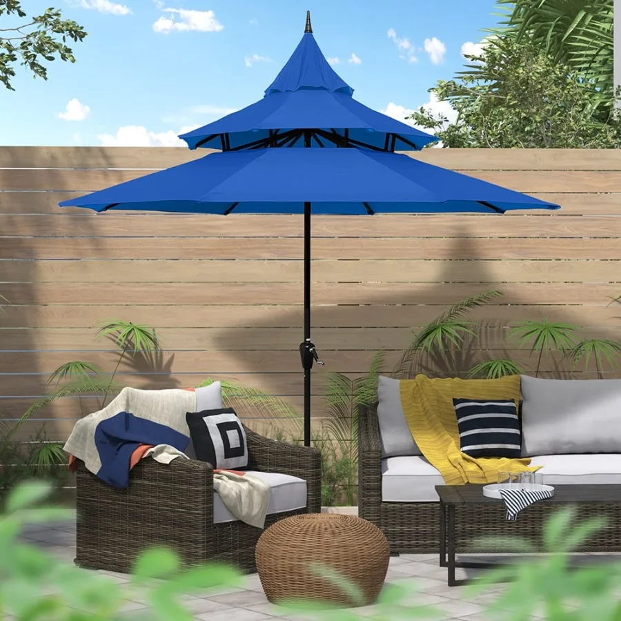 

9ft Patio Umbrella with Crank 3-Tier Pagoda Outdoor Market Umbrella with 8 Ribs, Blue