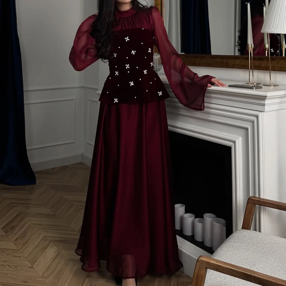 

Вечерние платья трапециевидной формы по индивидуальному заказу, платье для выпускного вечера с высоким воротом и длинными рукавами, модное простое драпированное повседневное вечернее платье с кристаллами