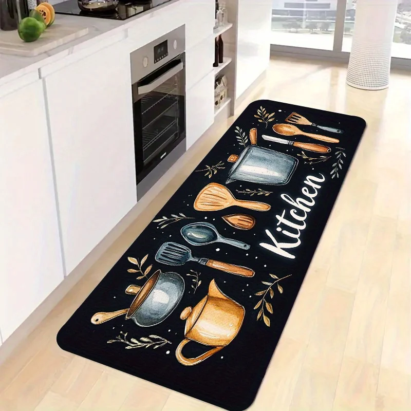 Vintage Kitchen Utensil Print Kitchen Bath Mat, Non-Slip Soft Absorbent Long Floor Rug with Pot & Leaf Decor for Cooking Lovers