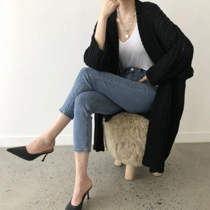 

​Korean Chic Vintage Relaxed Thick Knit Sweater Women's Loose MidLong Solid Color Open Split Irregular Coat​