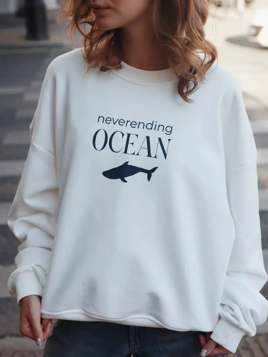 

Cute Ocean Whale Printed Sweatshirts Crew Neck Long Sleeve Pullover Loose White Y2K Top Leisure Sweet Young Women Sports Autumn