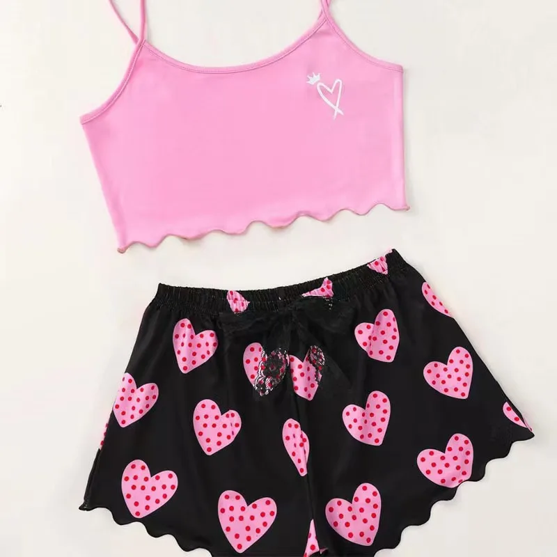 Women\'s Pajamas Set Sleepwear 2 PCS Short Tank Tops And Shorts S M L Pink Ventilate Soft Casual Love Print