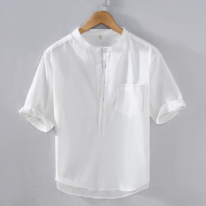 

Cotton 70%&Linen 30% Pullover Shirts For Men Half Sleeve Pocket Summer Quality Breathable Vintage Casual Loose Camisas De Hombre