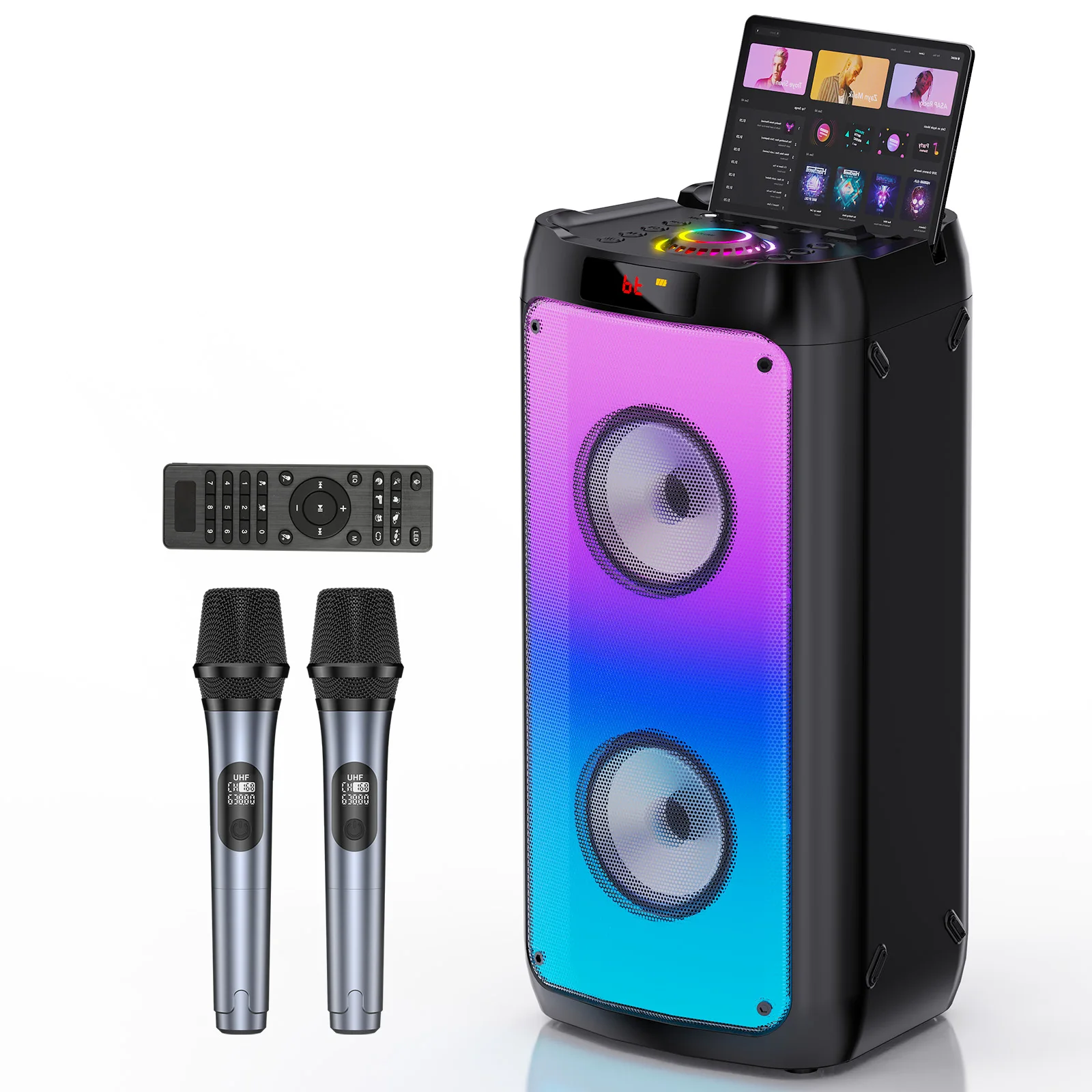 

T10-TKaraoke Machine with2Wireless Microphones,Portable Bluetooth Speaker for Adults& Kids,Big Party PA System with Disco Lights