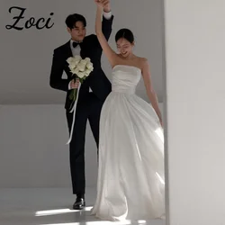 Zoci Simple Strapless Korea Wedding Dresses Customized A Line Taffeta Formal Party Gowns Photos Shoot Sleeveless Bride Dress