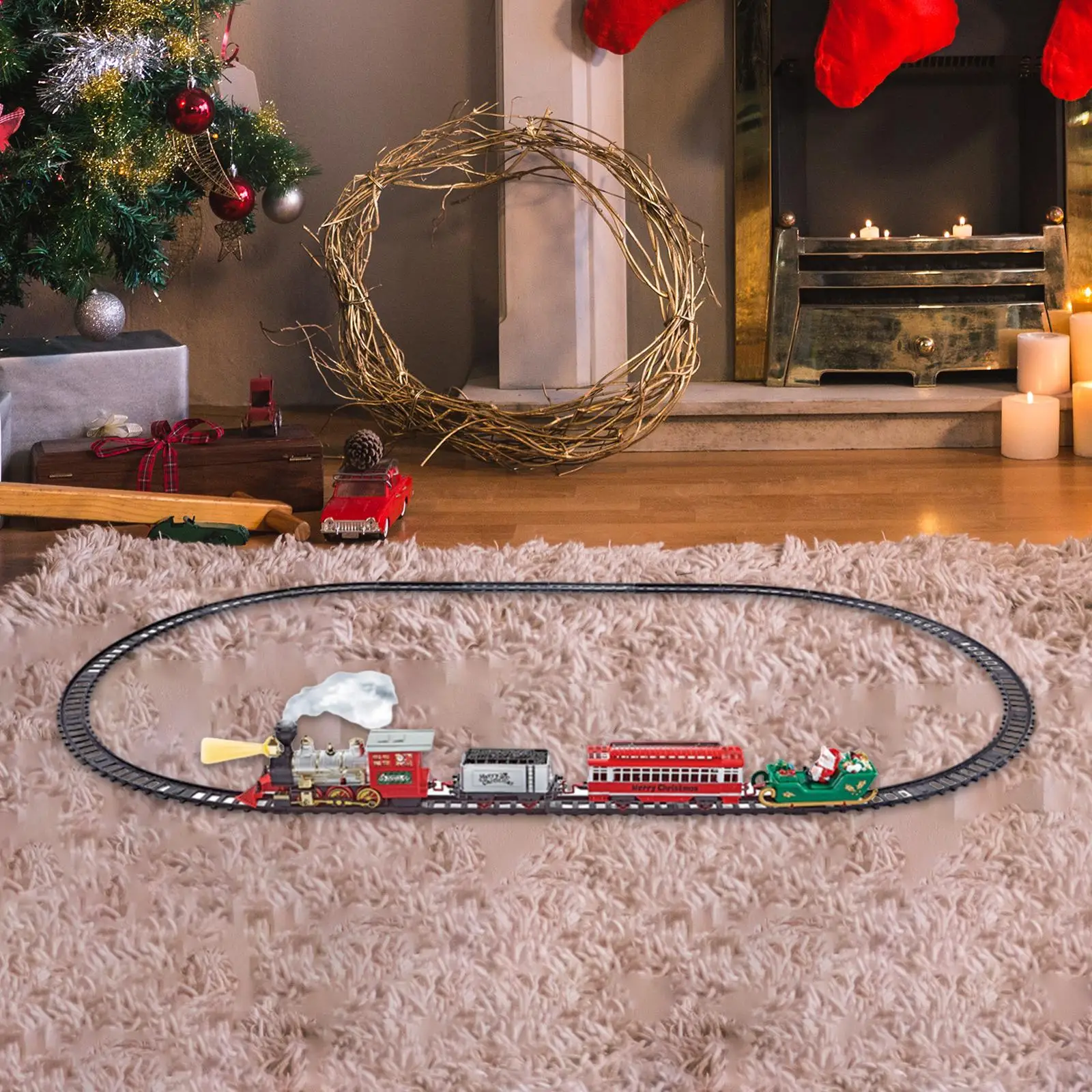 Christmas Tree Train Toys with Smokes Around under The Christmas Tree Indoor for