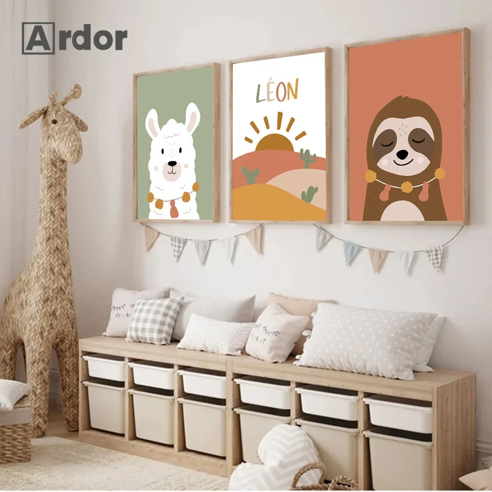 

Custom Name Nursery Alpaca Poster Cactus Alphabet Sunrise Canvas Painting Print Wall Art Pictures for Kids Room Decor No Frame