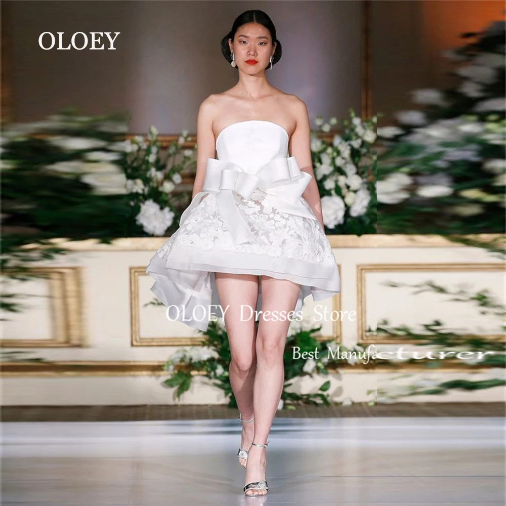 

OLOEY Exquisite Strapless Mini Wedding Dress Bow Lace Puffy Short Bridal Gown Zipper Back Ivory Prom Cocktail Dress Custom Made