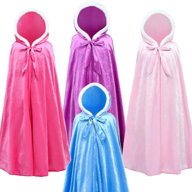 

2025 New Cosplay Girl Cinderella Rapunzel Coat Princess Anna Aurora Velvet Cosplay Costume Fancy Fairy Cinderella Long Cloak Hoo