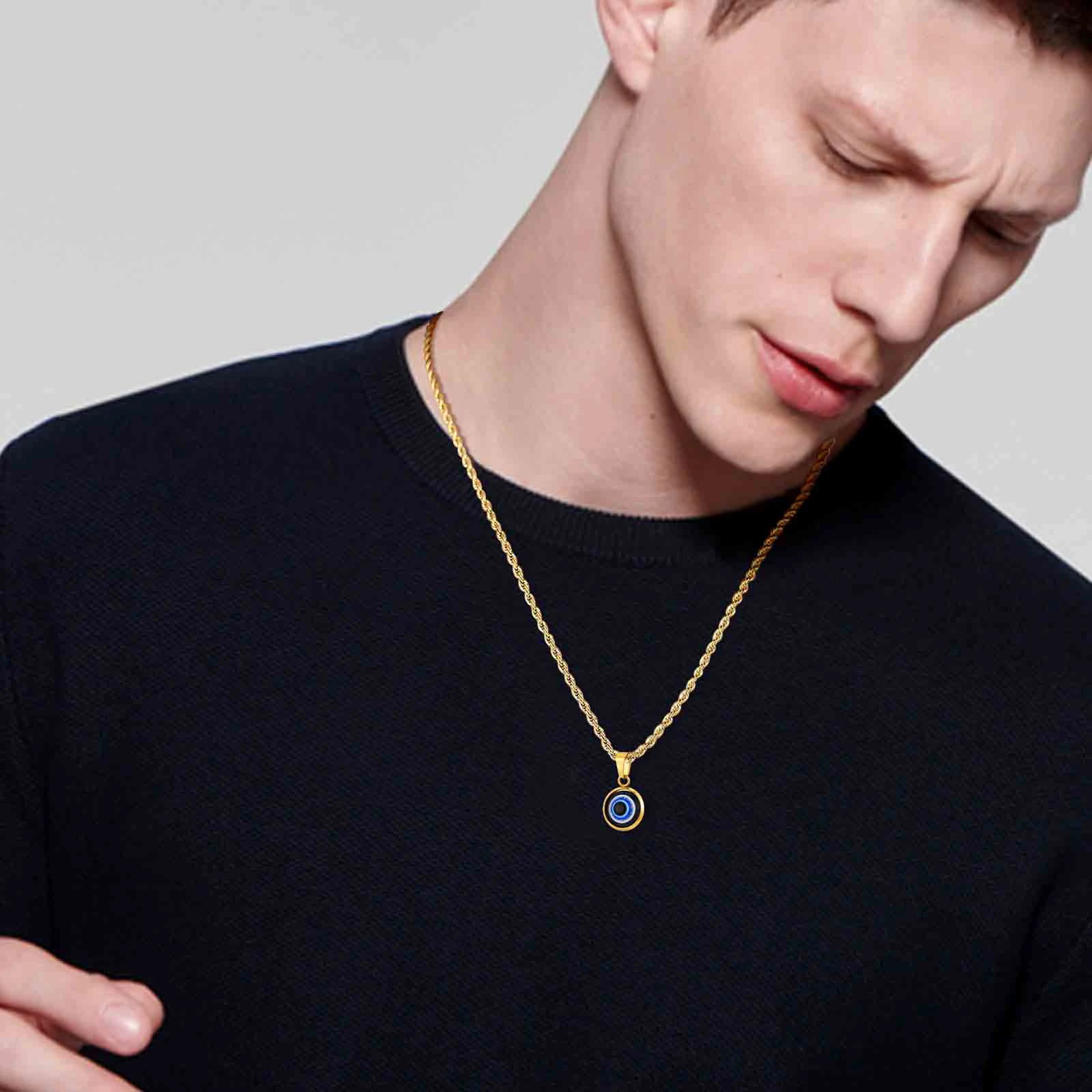 Lässige böse blaue Augen-Halsketten für Männer und Jungen, runder Anhänger aus Edelstahl, ethnisches türkisches Amulett, Geschenke, Schmuck – Detail 3