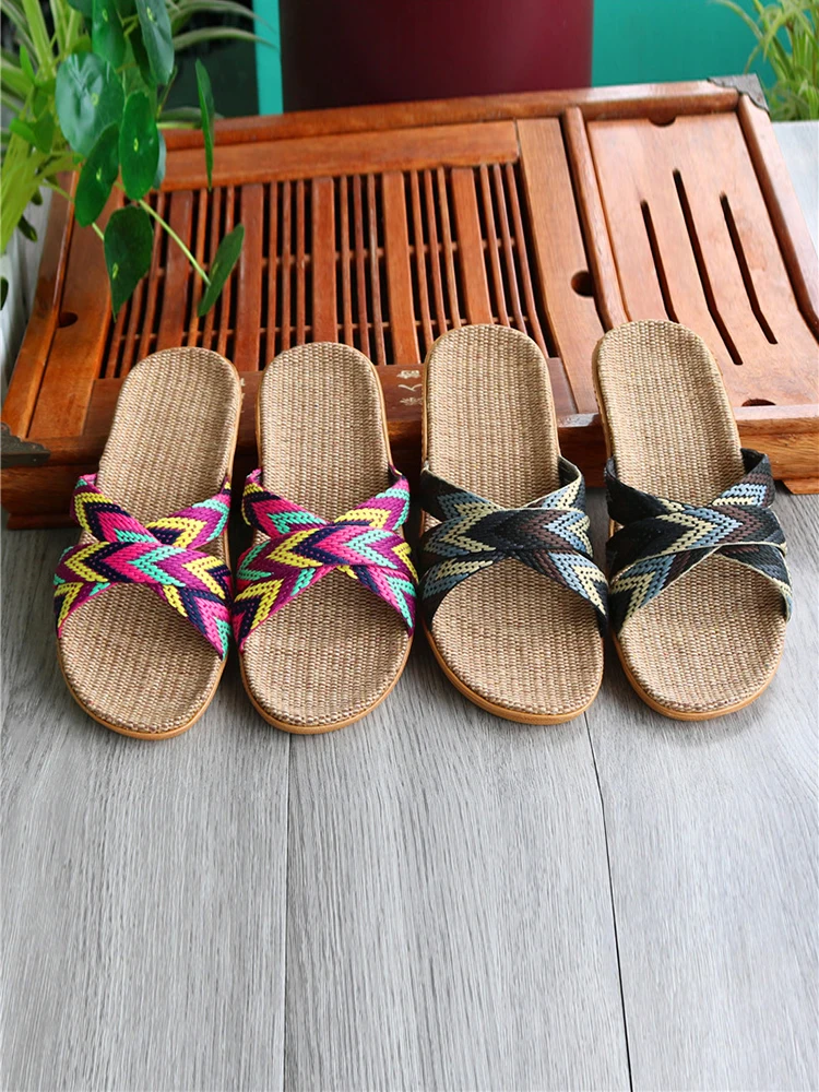 Linen slippers for women in summer indoor couple home anti slip thick soled home cool slippers for men in summer