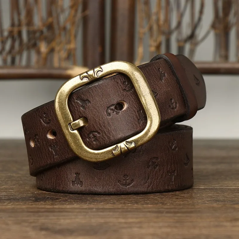 38CM wide new machine-pressed patterned vegetable-tanned belt for men pure leather needle-buckle