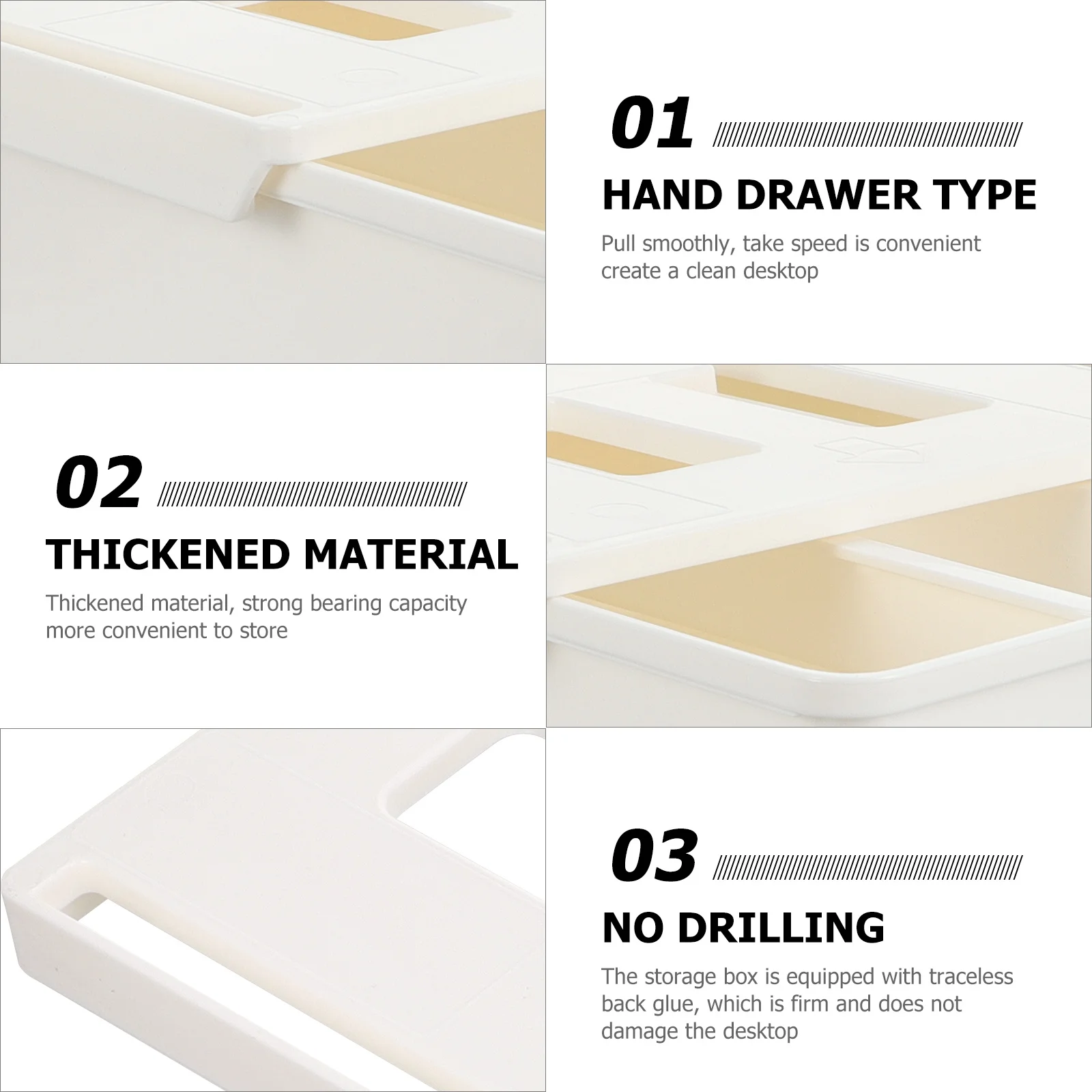 

No Punch Under Desk Drawer Plastic Storage Box PP Material Double-Sided Sticker Desktop Organizer for Home Office Living