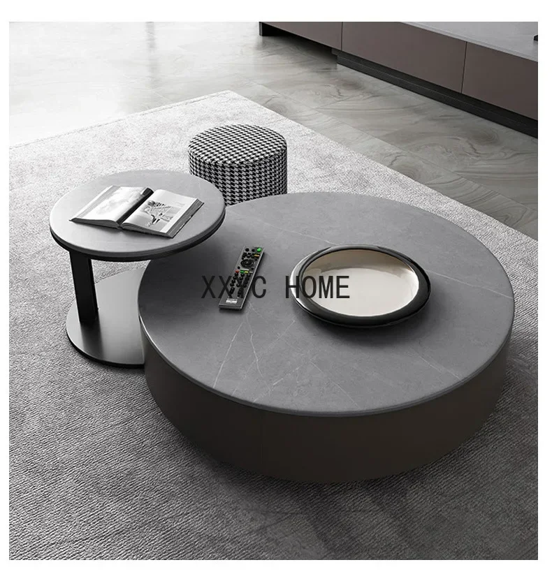 

Minimalist Coffee Table TV Cabinet Combination Stone Plate round Tea Table Small Apartment Living Room