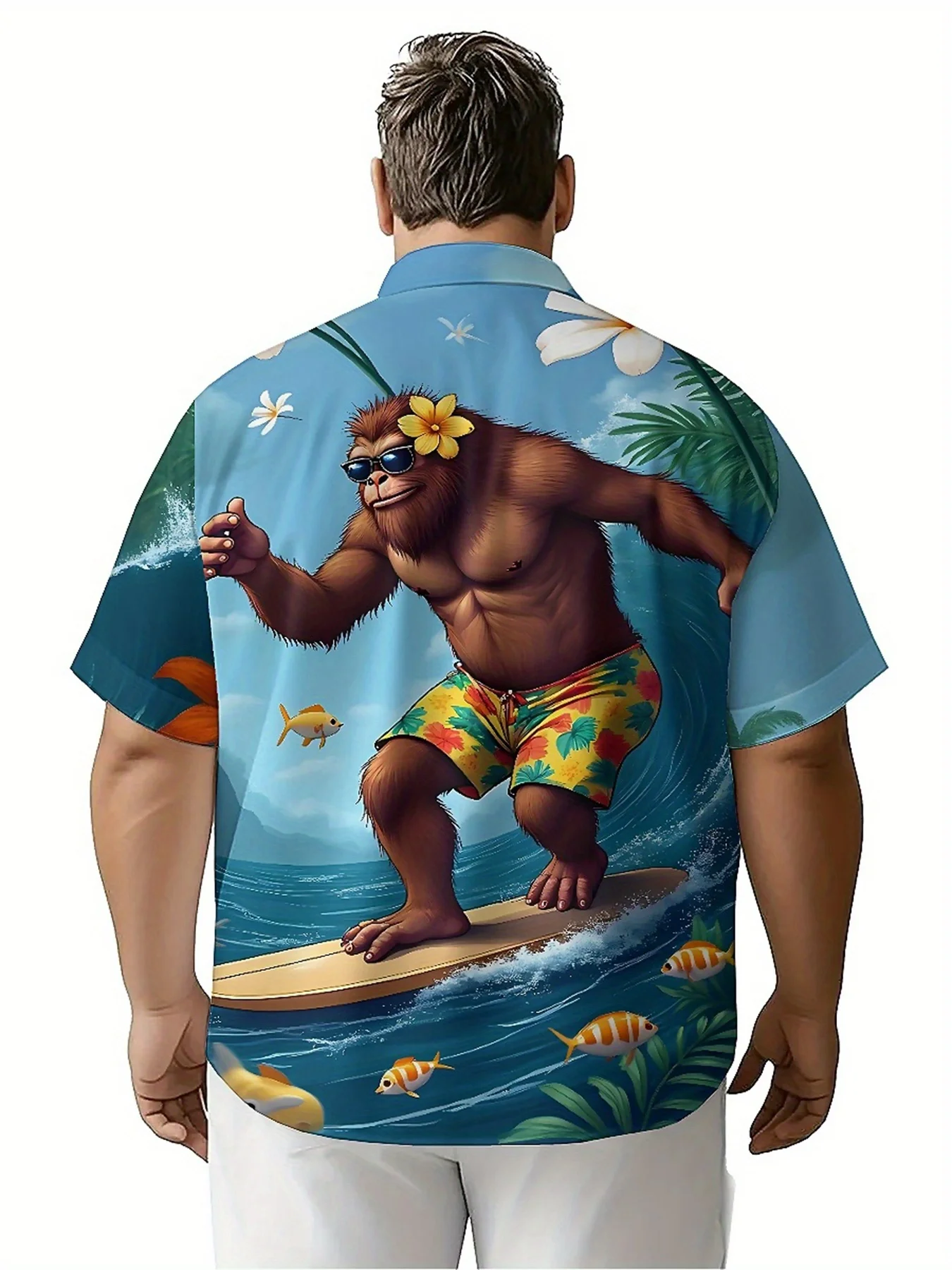 قمصان هاواي مقاس كبير للرجال من Sasquatch نمط مغامرة ركوب الأمواج الاستوائية، قمصان ألوها فضفاضة للجنسين، ملابس بديلة