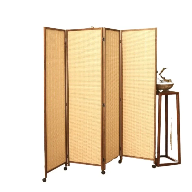 Japanese Retro Folding Room Divider Sliding Screen Partition for Living Room Bedroom Entrance Simple Pulley Design Removable